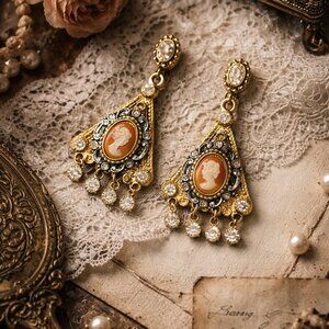 Vintage Carved Cameo Rhinestone Chandelier Dangle Clip On Earrings